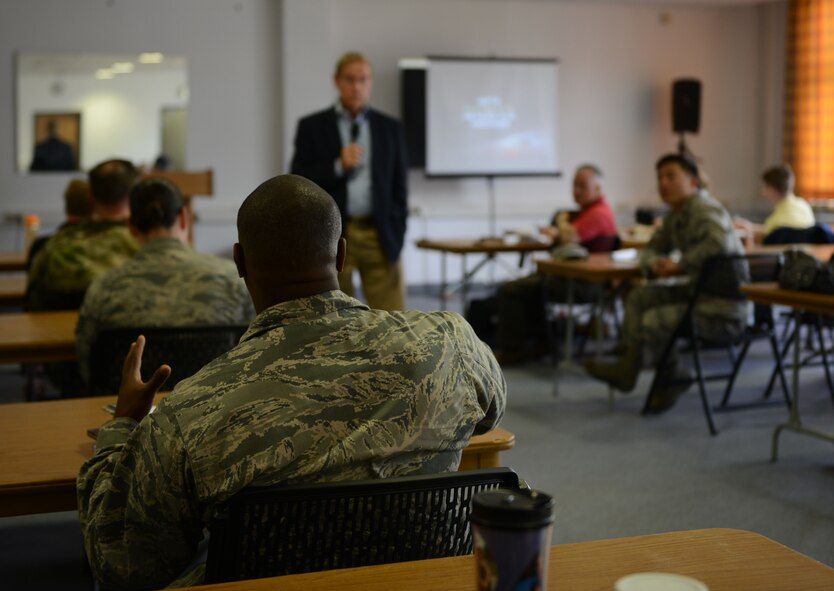 A participant asks Gary Chapman, marriage counselor and author of “The 5 Love Languages” book series, a question during a marriage counseling workshop Aug. 5, 2016, at Ramstein Air Base, Germany. The workshop was designed to help chaplains, counselors and other helping agency members advise military members concerning marriage issues. (U.S. Air Force photo/ Airman 1st Class Joshua Magbanua)