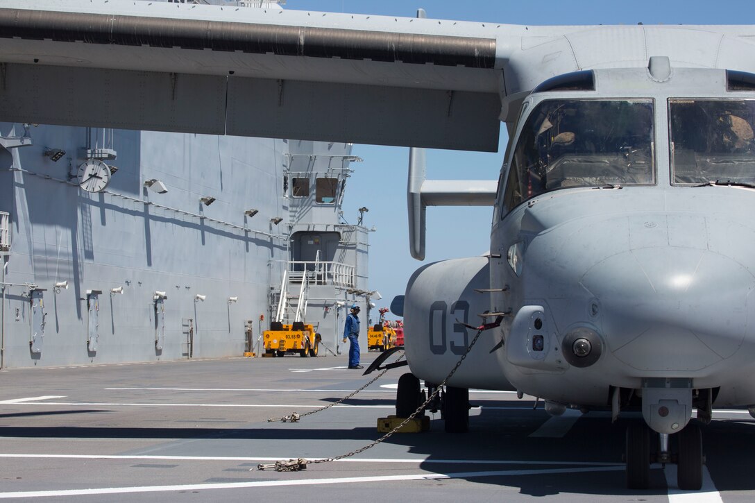 An MV-22B Osprey with Marine Medium Tiltrotor Squadron 266, Special Purpose Marine Air-Ground Task Force-Crisis Response-Africa, receives fuel from the BPC Dixmude as part of bilateral training in the Gulf of Cadiz, Spain, Aug. 6, 2016. Bilateral training with partner nations builds interoperability and flexibility for SPMAGTF-CR-AF to conduct a multitude of crisis response missions. (U.S. Marine Corps photo by 1stLt. John McCombs.) 