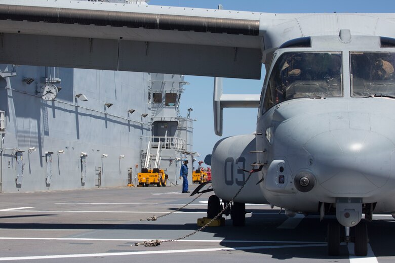 An MV-22B Osprey with Marine Medium Tiltrotor Squadron 266, Special Purpose Marine Air-Ground Task Force-Crisis Response-Africa, receives fuel from the BPC Dixmude as part of bilateral training in the Gulf of Cadiz, Spain, Aug. 6, 2016. Bilateral training with partner nations builds interoperability and flexibility for SPMAGTF-CR-AF to conduct a multitude of crisis response missions. (U.S. Marine Corps photo by 1stLt. John McCombs.) 
