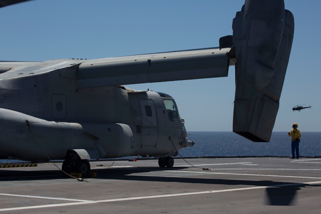 An MV-22B Osprey with Marine Medium Tiltrotor Squadron 266, Special Purpose Marine Air-Ground Task Force-Crisis Response-Africa, successfully lands aboard the BPC Dixmude as part of bilateral training in the Gulf of Cadiz, Spain, Aug. 6, 2016. Bilateral training with partner nations builds interoperability and flexibility for SPMAGTF-CR-AF to conduct a multitude of crisis response missions. (U.S. Marine Corps photo by 1stLt. John McCombs.)