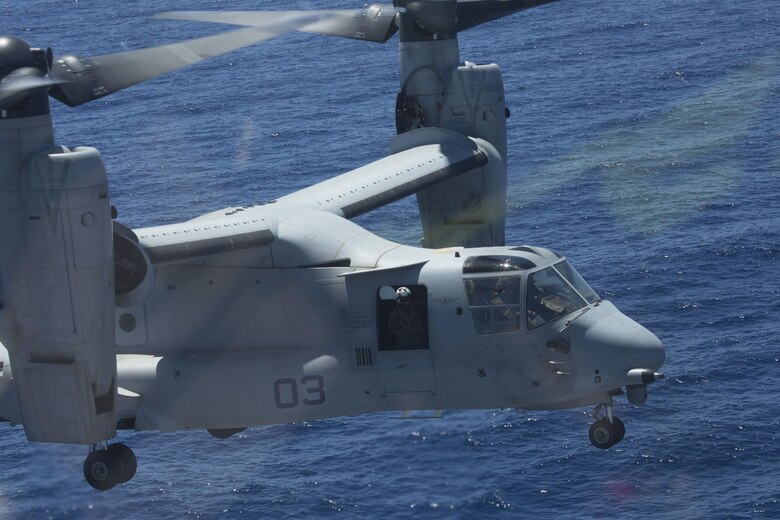 An MV-22B Osprey with Marine Medium Tiltrotor Squadron 266, Special Purpose Marine Air-Ground Task Force-Crisis Response-Africa, prepares to land aboard the BPC Dixmude as part of bilateral training in the Gulf of Cadiz, Spain, Aug. 6, 2016. Bilateral training with partner nations builds interoperability and flexibility for SPMAGTF-CR-AF to conduct a multitude of crisis response missions. (U.S. Marine Corps photo by 1st Lt. John McCombs)