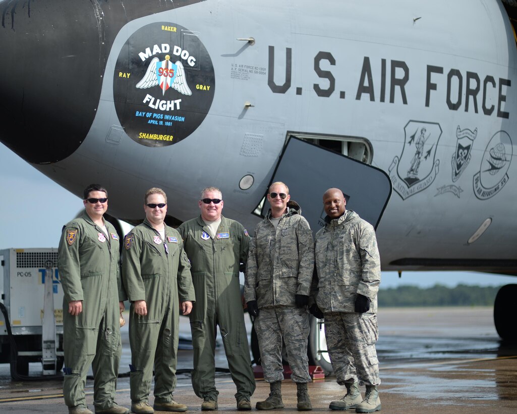Airmen from the 117th Air Refueling Wing stand in front of their KC-135 Stratotanker after a Sentry Savannah 16-3 air-to-air refueling mission in Savannah, Ga., Aug. 3, 2016. The mission of the 117th ARW is to provide quality worldwide air refueling, airlift, support, logistics, intelligence, and medical services in support of the community, state and nation. (U.S. Air Force photo by Senior Airman Solomon Cook/Released)
