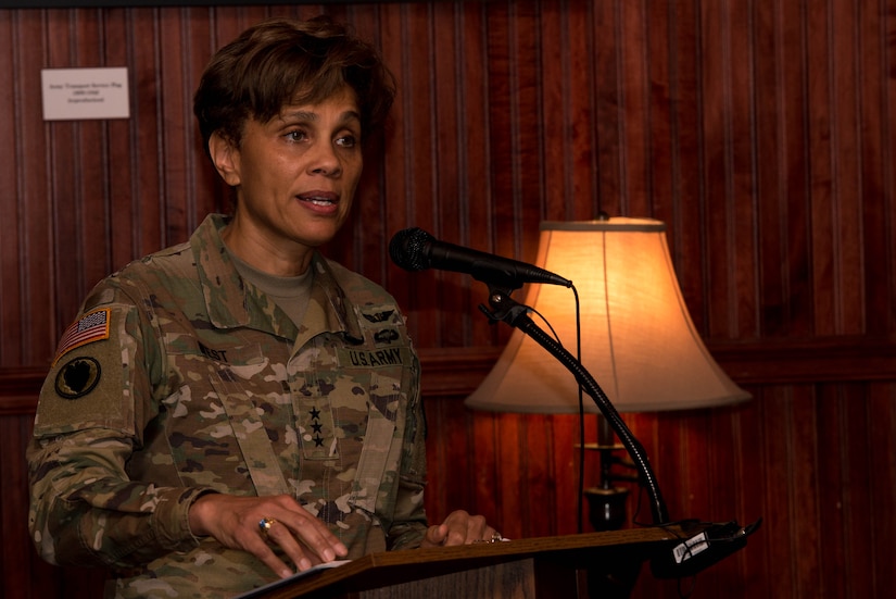 U.S. Army Lt. Gen. Nadja West, U.S. Army Medical Command surgeon general, speaks during her visit to Fort Eustis, Va., Aug. 4, 2016. West spoke during a women’s equality ceremony and took a tour of McDonald Health Center. (U.S. Air Force photo by Airman 1st Class Derek Seifert)