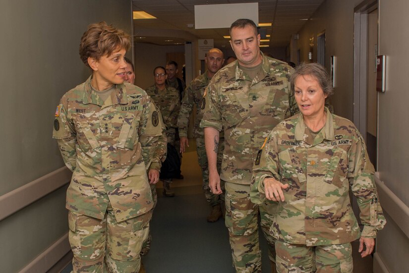 U.S. Army Maj. Mari Groebner, McDonald Health Center Perioperative Services and Specialty chief, gives U.S. Army Lt. Gen. Nadja West, U.S. Army Medical Command surgeon general, a tour of McDonald Health Center at Fort Eustis, Va., Aug. 4, 2016.  West is the Army’s 44th surgeon general and is the commanding general of U.S. Army Medical Command. (U.S. Air Force photo by Airman 1st Class Derek Seifert) 