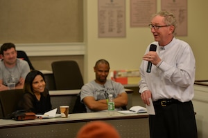 Retired U.S. Army Chaplain (Lt. Col.) James King practices his comedy routine at an Armed Service Arts Partnership comedy boot camp class at the College of William and Mary in Williamsburg, Va., April 9, 2016. The ASAP offers art programs to help service members and veterans  deal with an array of issues ranging from depression to post traumatic stress disorder. (U.S. Air Force photo by Staff Sgt. Natasha Stannard)
