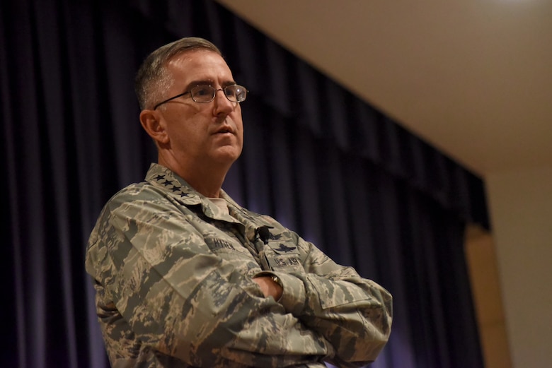 General John Hyten, Air Force Space Command commander, addresses Team Pete at an all call at the base auditorium on Peterson Air Force Base, Colo., Aug. 4, 2016. During his talk, General Hyten recognized the importance of the 21st Space Wing and discussed several issues, including his command priorities of  winning today’s fight, preparing for tomorrow’s fight, and taking care of our Airmen and our families; the damage caused from the recent hail storm that struck the base; and the topic of suicide within the Air Force (U.S. Air Force photo by Airman 1st Class Dennis Hoffman)
