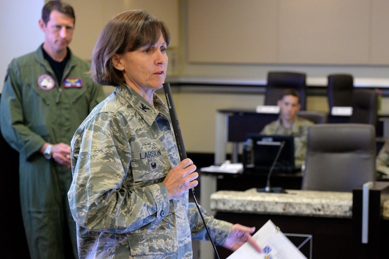 Col. Elizabeth Larson, Air Force District of Washington director of operations and plans briefs attendees on emergency notification updates during the JFHQ-NCR Commander’s Conference on Joint Base Andrews Aug. 8, 2016. The conference provides an opportunity for JFHQ-NCR organizations to plan and coordinate joint support for national special security events within the region. (U.S. Air Force photo/Tech. Sgt. Matt Davis)