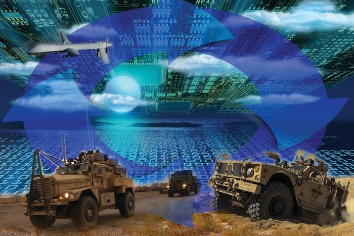 Graphic of military vehicles and computer code.
