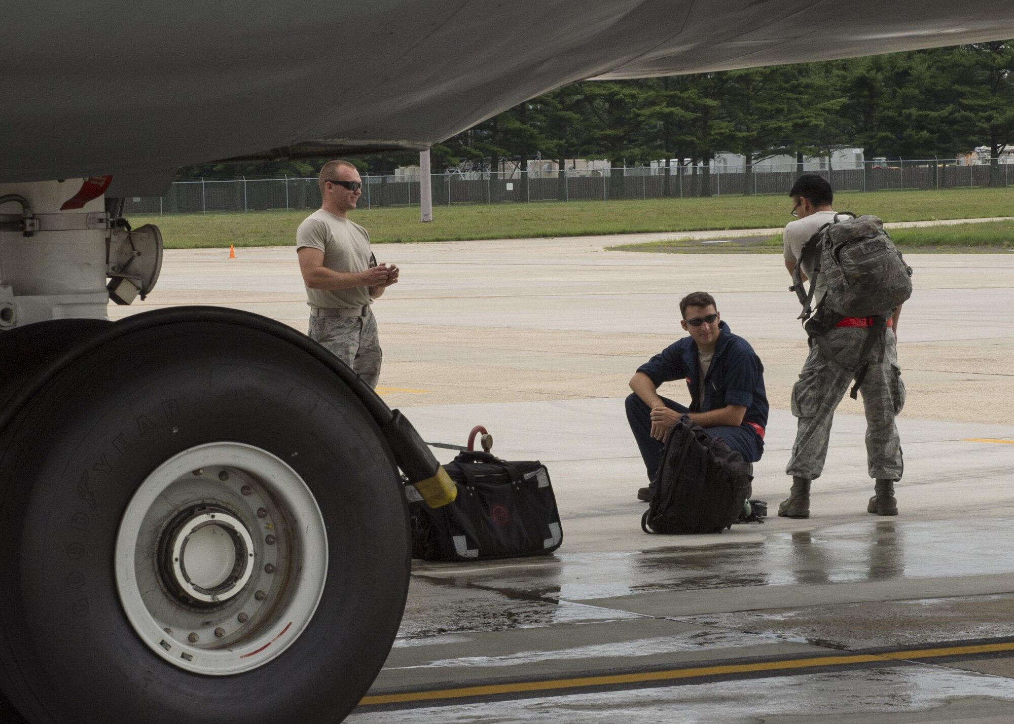 Maintainers from 436th Aircraft Maintenance Squadron, Dover Air Force Base, Del., wait for a C-5 Super Galaxy to be serviced Aug. 2, 2016, Joint Base McGuire-Dix-Lakehurst, NJ. More than 150 maintenance and support personnel went TDY to JB MDL after parts of the Dover AFB runway closed for reconstruction. (U.S. Air Force Photo/ Staff Sgt. Tiffany Lindemann)
