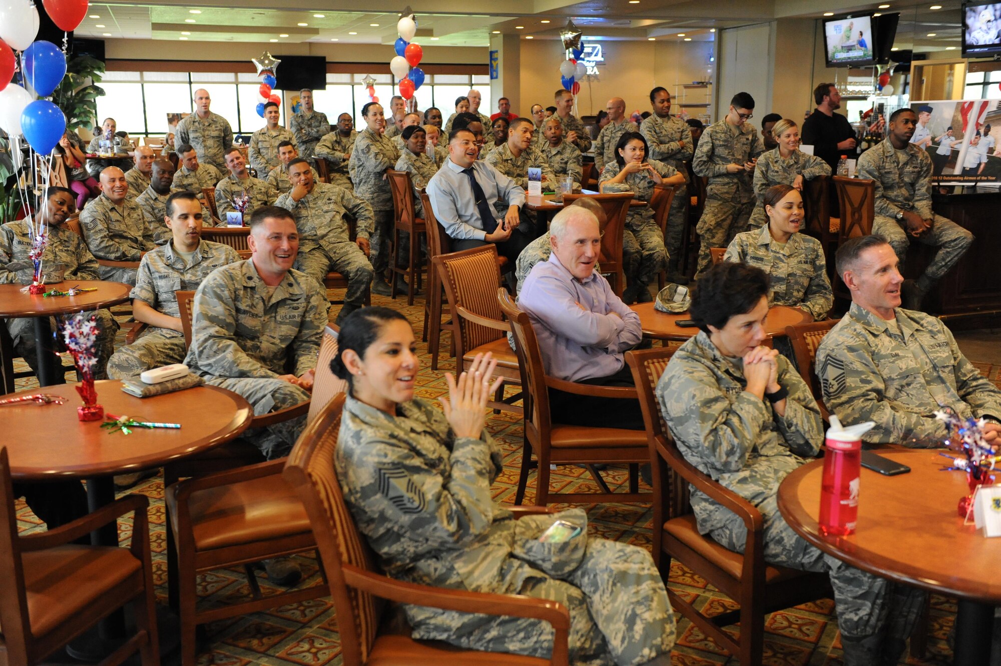 Keesler personnel gather at the Bay Breeze Event Center during a recognition ceremony for Tech. Sgt. Cassandra Cruz, 81st Force Support Squadron Airman Leadership School instructor, for her selection as one of the 12 Outstanding Airmen of the Year Aug. 2, 2016, on Keesler Air Force Base, Miss. This award recognizes 12 enlisted personnel for superior leadership, job performance, community involvement and personal achievements. (U.S. Air Force photo by Kemberly Groue/Released)