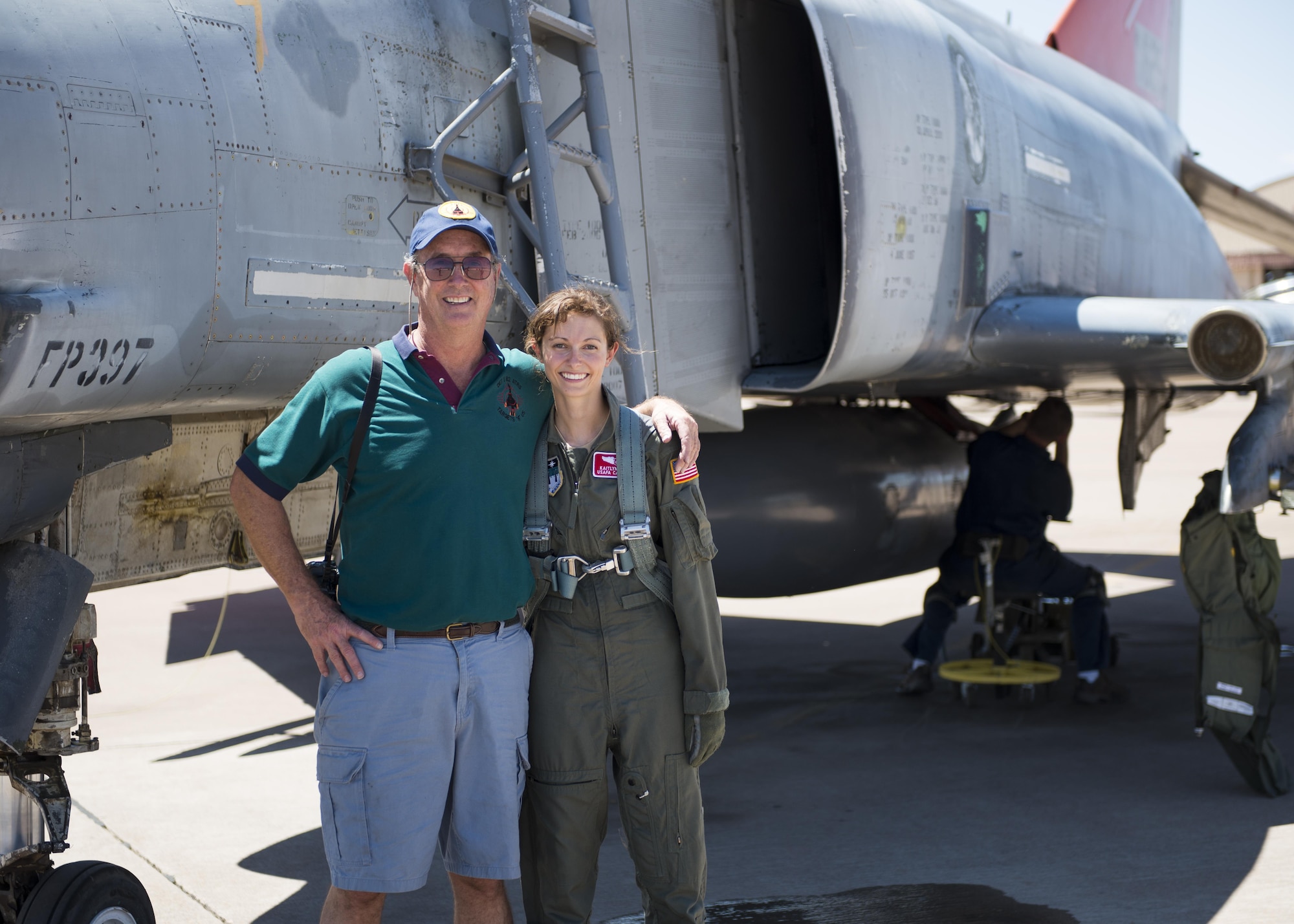 Retired Col. David and his daughter, Cadet 2nd Class Kaitlyn, stand next to an F-4 Phantom on July 12, 2016 at Holloman Air Force Base, N.M. Kaitlyn flew with Lt. Col. Ronald King, the commander of Detachment 1, the same detachment her father commanded from 1992-1994. (Last names are being withheld due to operational requirements. U.S. Air Force photo by Airman 1st Class Randahl J. Jenson) 