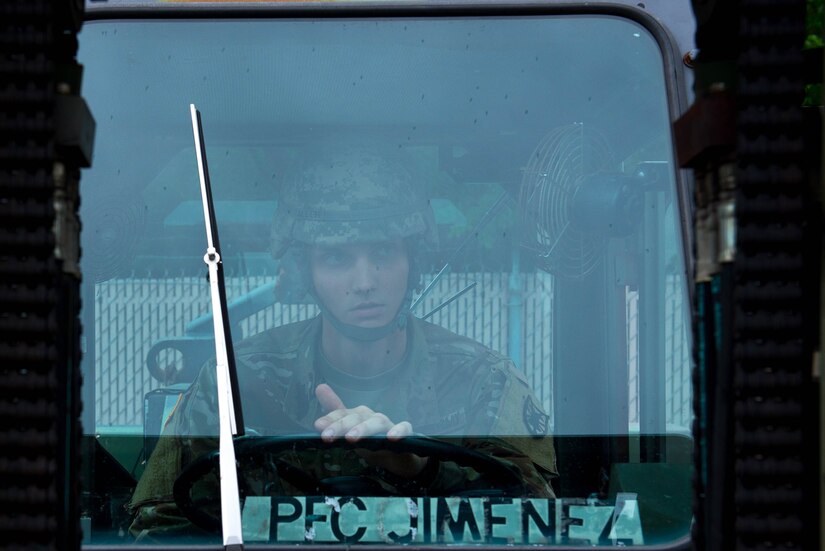 U.S. Army Spc. Dylon Allen, 10th Battalion 149th Seaport Operations Company cargo specialist, drives a 10 ton Forklift at Fort Eustis, Va., Aug. 8, 2016. As a cargo specialist, Allen creates load plans for air shipments and ocean liner vessels and also has the necessary skills to operate ocean vessels. (U.S. Air Force photo by Airman 1st Class Derek Seifert)