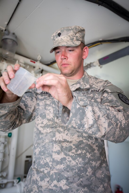 U.S. Army Spc. Thomas Hansen, 651st Quartermaster Company, Casper, Wyo., tests a water sample during Combat Support Training Exercise (CSTX) 86-16-03 at Fort McCoy, Wis., August 7, 2016. The 84th Training Command’s third and final Combat Support Training Exercise of the year hosted by the 86th Training Division at Fort McCoy, Wis. is a multi-component and joint endeavor aligned with other reserve component exercises. (U.S. Army photo by Spc. John Russell/Released)