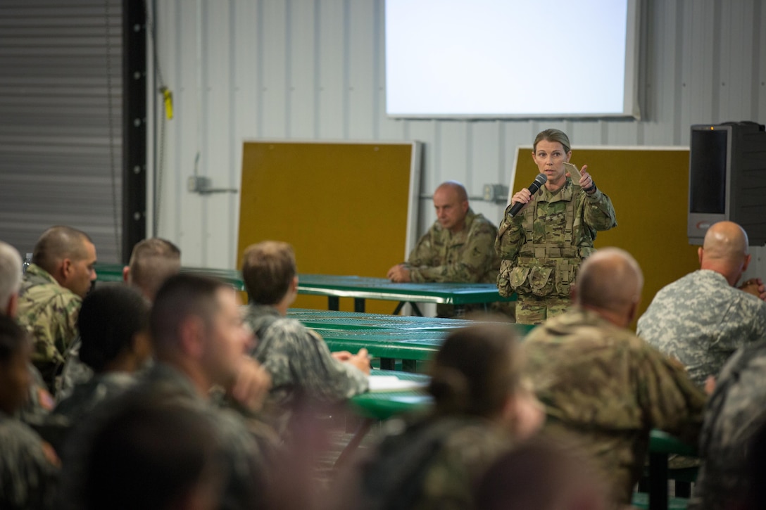 U.S. Army Brig. Gen. Lee Gray, Commanding General of the 86th Training Division, speaks to soldiers during the warm start brief during Combat Support Training Exercise (CSTX) 86-16-03 at Fort McCoy, Wis., August 8, 2016. The 84th Training Command’s third and final Combat Support Training Exercise of the year hosted by the 86th Training Division at Fort McCoy, Wis. is a multi-component and joint endeavor aligned with other reserve component exercises. (U.S. Army photo by Spc. John Russell/Released)