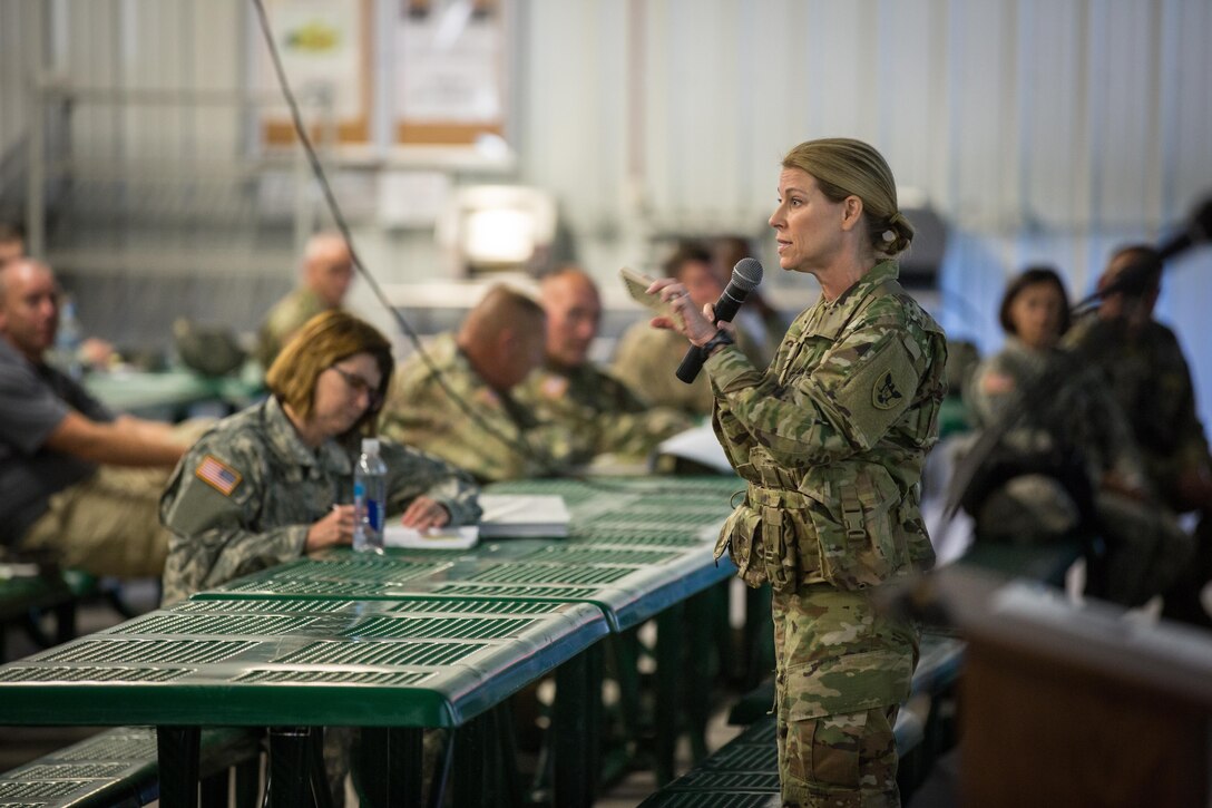 U.S. Army Brig. Gen. Lee Gray, Commanding General of the 86th Training Division, speaks to soldiers during the warm start brief during Combat Support Training Exercise (CSTX) 86-16-03 at Fort McCoy, Wis., August 8, 2016. The 84th Training Command’s third and final Combat Support Training Exercise of the year hosted by the 86th Training Division at Fort McCoy, Wis. is a multi-component and joint endeavor aligned with other reserve component exercises. (U.S. Army photo by Spc. John Russell/Released)