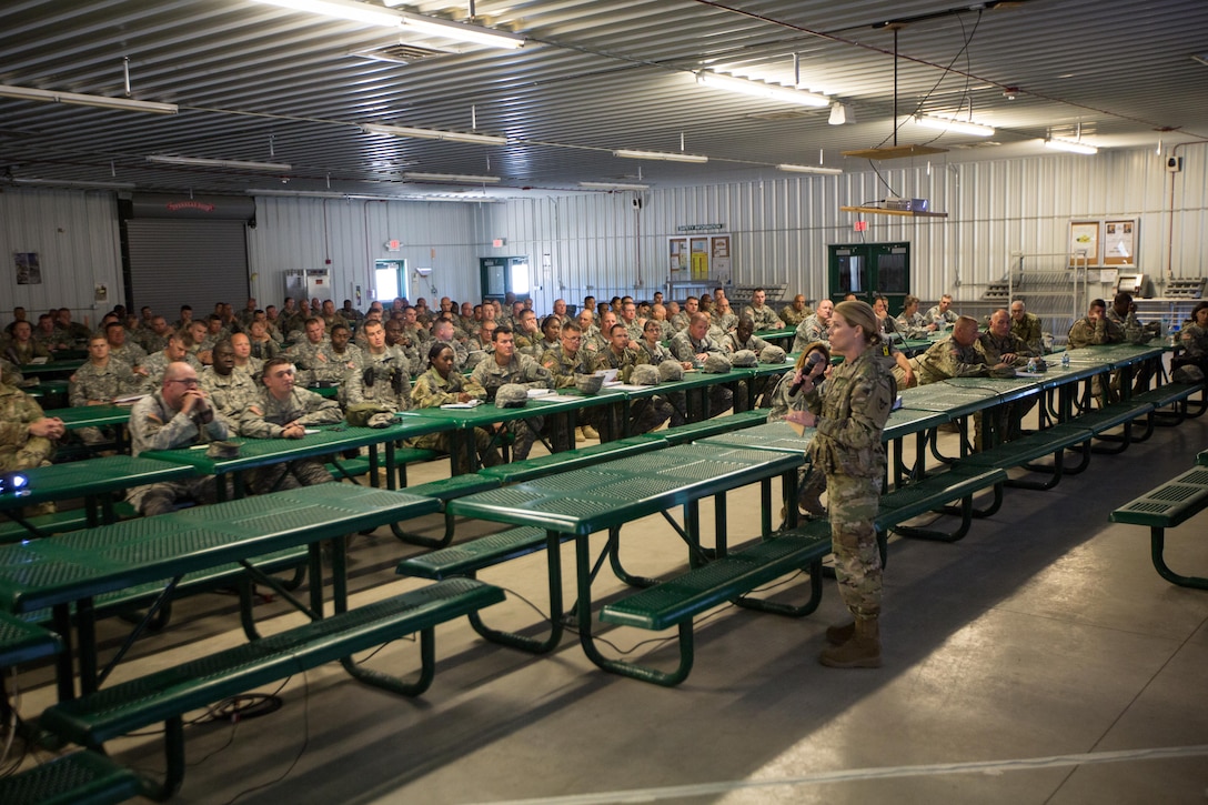 U.S. Army Brig. Gen. Lee Gray, Commanding General of the 86th Training Division, speaks to soldiers during the warm start brief during Combat Support Training Exercise (CSTX) 86-16-03 at Fort McCoy, Wis., August 8, 2016. The 84th Training Command’s third and final Combat Support Training Exercise of the year hosted by the 86th Training Division at Fort McCoy, Wis. is a multi-component and joint endeavor aligned with other reserve component exercises. (U.S. Army photo by Spc. John Russell/Released)