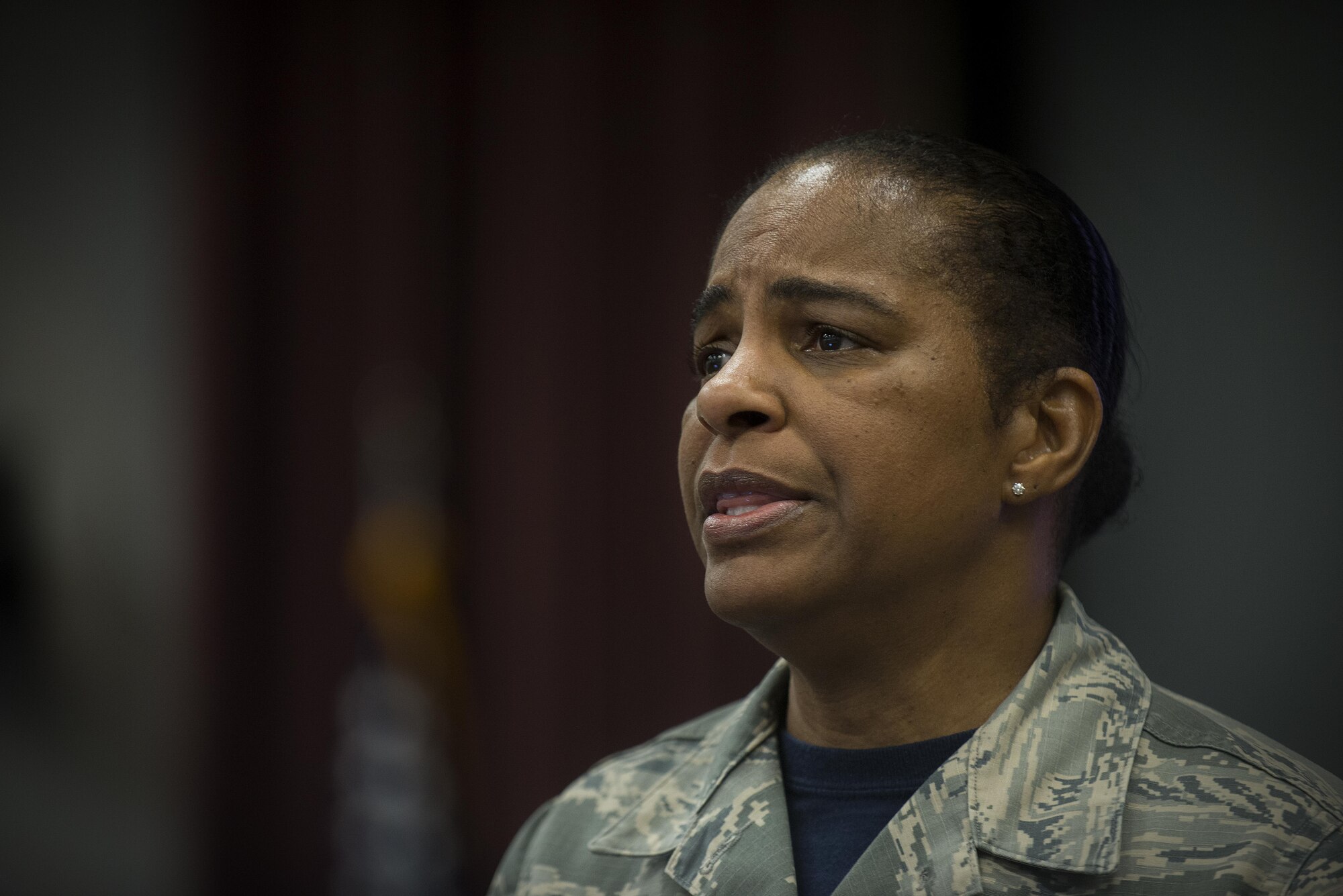 Command Chief Master Sgt. Shelina Frey, Air Mobility Command, explains to the participants of the Phoenix Stripe convention why she has a passion for the Air Force and the Airmen appointed under her at the Global Reach Planning Center at Scott Air Force Base, Illinois, July 3, 2016. (U.S. Air Force photo/Senior Airman Jake Eckhardt)