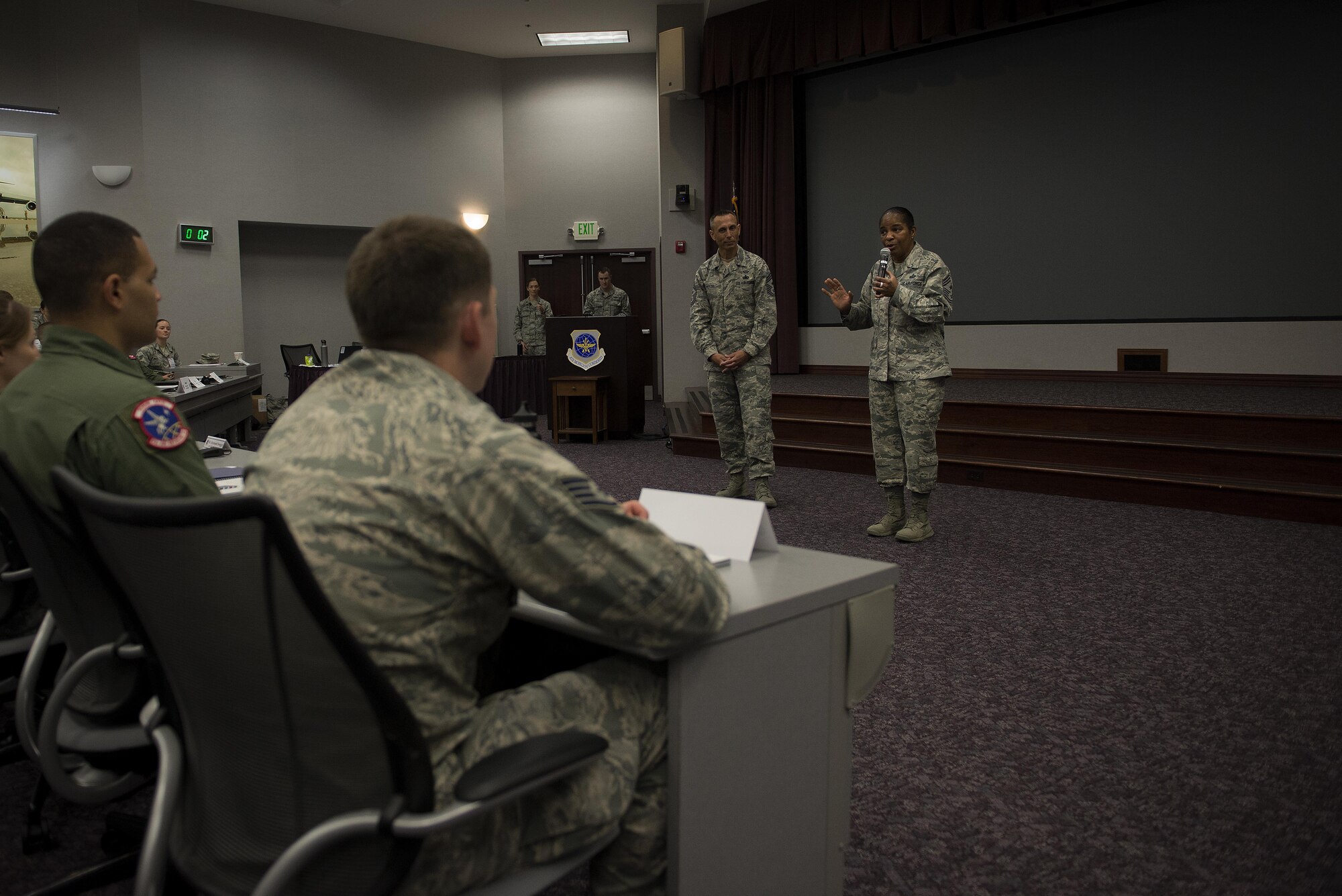 Command Chief Master Sgt. Shelina Frey, Air Mobility Command, begins the Phoenix Stripe convention July 3, 2016, at the Global Reach Planning Center at Scott Air Force Base, Illinois. (U.S. Air Force photo/Senior Airman Jake Eckhardt)