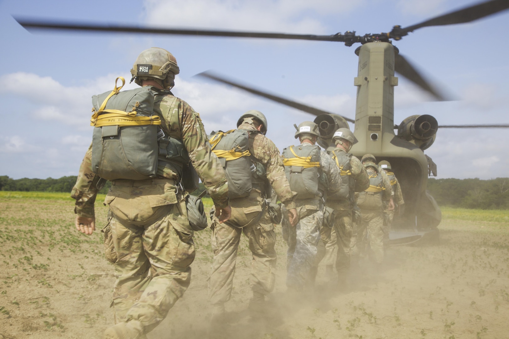 A group of U.S. Army and Partner Nation Paratroopers boards a CH-47 F Chinook Helicopter during Leapfest 2016 at the University of Rhode Island, West Kingston, R.I., Aug. 6, 2016. 