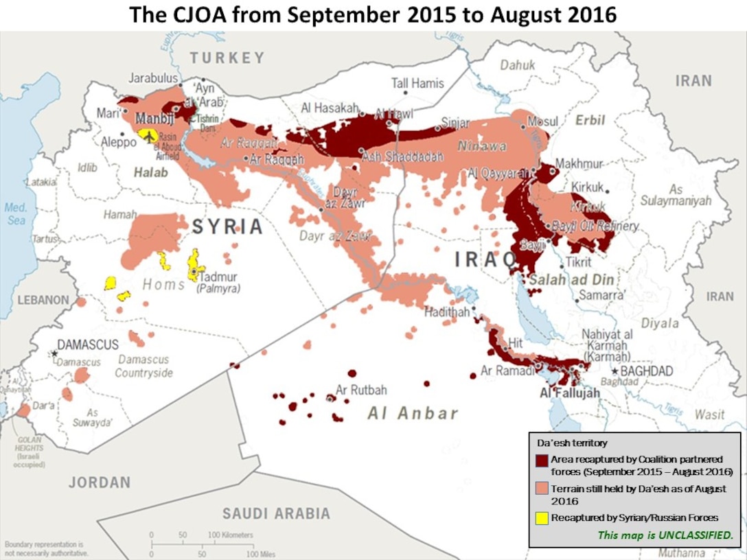 Map of Combined Joint Operations Area depicting operations against the Islamic State of Iraq and the Levent -- also known as Daesh – from September 2015 to August 2016. DoD graphic