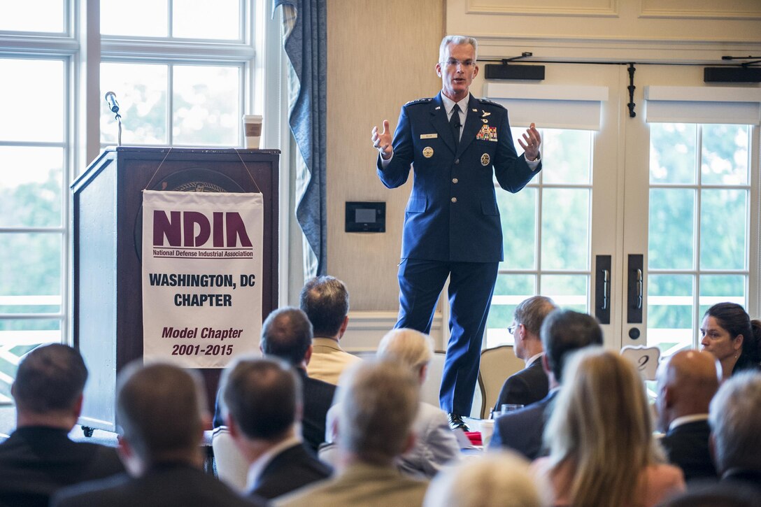 Air Force Gen. Paul J. Selva, vice chairman of the Joint Chiefs of Staff, presents the keynote speech during a National Defense Industrial Association's breakfast for leaders in Arlington, Va., Aug. 10, 2016. Selva discussed several issues, including security challenges facing the nation and Defense Department innovation. DoD photo by Army Sgt. James K. McCann