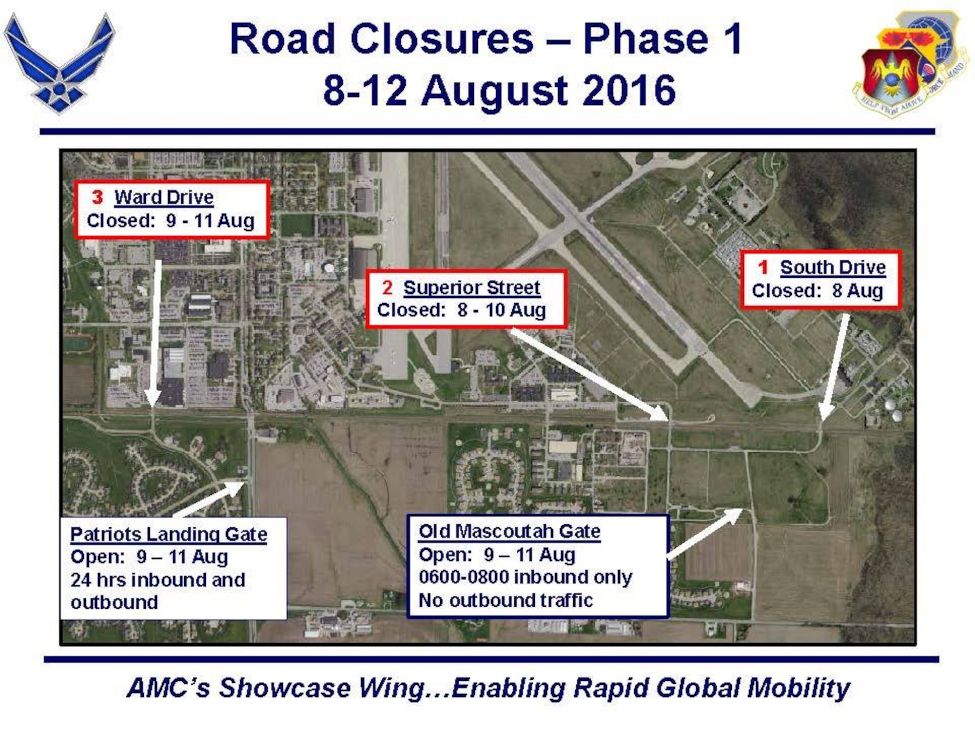 Norfolk Southern Railway provided an update to the railroad crossing repair schedule which drives an adjustment to Scott’s gate and road closure plan this month. Of note, Belleville Gate will be closed from Aug. 15-17 (vs. Aug. 8-10 as previously advertised). Norfolk Southern Railway will be making essential repairs to the railroad crossings on or near Scott Air Force Base this month. A summary of the impacts is noted in the maps below. Phase 1 started Aug. 8 and will conclude Aug. 12 with Ward Drive being closed. Patriots Landing Gate will be open for inbound and outbound traffic (24 hours) and Old Mascoutah Gate will be open for inbound traffic (6-8 a.m.) to accommodate road closures. For Phase 2, from Aug. 15-17, the Belleville Gate will be closed and Patriots Landing Gate will be open for inbound and outbound traffic (5:30 a.m.-10 p.m.) and Old Mascoutah Gate will be open for inbound traffic (6-8 a.m.) and outbound traffic (3:30-5:30 p.m.). During this time, motorists are encouraged to consider using the Shiloh Gate for faster on and off-base travel. The 375th Air Mobility Wing appreciates your patience as Norfolk Southern Railway makes essential repairs on the railroad crossings.