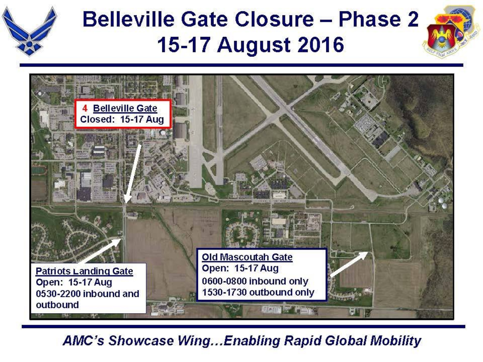 Norfolk Southern Railway provided an update to the railroad crossing repair schedule which drives an adjustment to Scott’s gate and road closure plan this month. Of note, Belleville Gate will be closed from Aug. 15-17 (vs. Aug. 8-10 as previously advertised). Norfolk Southern Railway will be making essential repairs to the railroad crossings on or near Scott Air Force Base this month. A summary of the impacts is noted in the maps below. Phase 1 started Aug. 8 and will conclude Aug. 12 with Ward Drive being closed. Patriots Landing Gate will be open for inbound and outbound traffic (24 hours) and Old Mascoutah Gate will be open for inbound traffic (6-8 a.m.) to accommodate road closures. For Phase 2, from Aug. 15-17, the Belleville Gate will be closed and Patriots Landing Gate will be open for inbound and outbound traffic (5:30 a.m.-10 p.m.) and Old Mascoutah Gate will be open for inbound traffic (6-8 a.m.) and outbound traffic (3:30-5:30 p.m.). During this time, motorists are encouraged to consider using the Shiloh Gate for faster on and off-base travel. The 375th Air Mobility Wing appreciates your patience as Norfolk Southern Railway makes essential repairs on the railroad crossings.