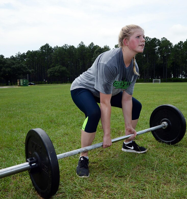2nd Lt. Delaney T. Bourlakov, adjutant, Marine Corps Logistics Base Albany, performs a deadlift with 95 pounds during her High Intensity Tactical Training class, Aug. 5. She is preparing for the second annual High Intensity Tactical Training Athlete Championship, Aug. 15-18, at Marine Corps Air Station Miramar in San Diego, Calif.