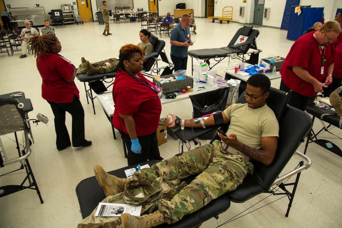 Soldiers donate pints of blood during a blood drive at Fort Eustis, Va., August 3, 2016. During whole blood donations, the blood is separated into red cells, plasma, and platelets. (U.S. Air Force photo by Staff Sgt. J.D. Strong II)