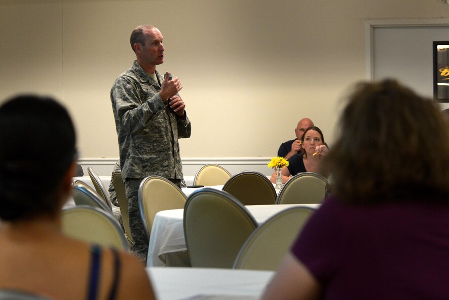 U.S. Air Force Col. Stephen Jost, 20th Fighter Wing commander, speaks to attendees during a town hall meeting at Shaw Air Force Base, S.C., Aug. 9, 2016. The meeting was intended to facilitate dialogue between 20th FW leadership and the base community. (U.S. Air Force photo by Airman 1st Class Kelsey Tucker)