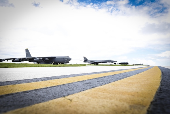 A B-52 Stratofortress, B-1 Lancer and B-2 Spirit sit beside one another on the flightline at Andersen Air Force Base, Guam, Aug.10, 2016. This marks the first time in history that all three of Air Force Global Strike Command's strategic bomber aircraft are simultaneously conducting operations in the U.S. Pacific Command area of operations. The B-1 Lancer, which arrived at Andersen Aug. 6, will replace the B-52 in support of the U.S. Strategic Command Continuous Bomber Presence mission. The CBP bomber swap between the B-1 and B-52 is occurring throughout the month of August as the B-1s return to support this mission for the first time since April 2006. In addition to the CBP bomber swap, three B-2s arrived in theater to conduct a Bomber Assurance and Deterrence deployment. The CBP mission and BAAD deployments are part of a long-standing history of maintaining a consistent bomber presence in the Indo-Asia-Pacific in order to maintain regional stability, and provide assurance to our allies and partners in the region. (U.S. Air Force photo by Tech. Sgt. Richard Ebensberger)