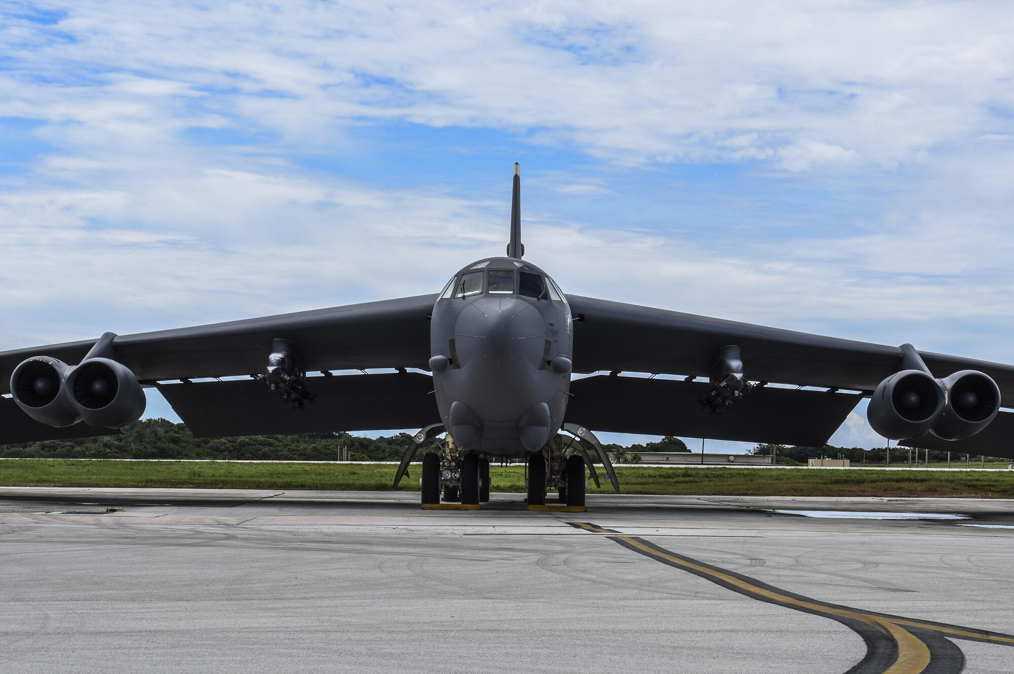 A B-52 Stratofortress sits on the flightline at Andersen Air Force Base, Guam, Aug.10, 2016. The B-52 was recently replaced by the B-1 Lancer, which arrived at Andersen Aug. 6, in support of the U.S. Strategic Command Continuous Bomber Presence mission. The CBP bomber swap between the B-1 and B-52 is occurring throughout the month of August as the B-1s return to support this mission for the first time since April 2006. The CBP mission is part of a long-standing history of maintaining a consistent bomber presence in the Indo-Asia-Pacific in order to maintain regional stability, and provide assurance to our allies and partners in the region. (U.S. Air Force photo by Tech. Sgt. Richard Ebensberger)