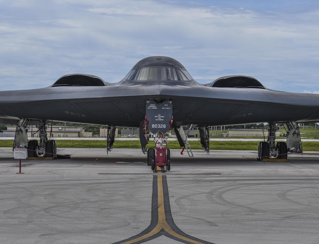 A B-2 Spirit sits on the flightline at Andersen Air Force Base, Guam, Aug.10, 2016. Three B-2s arrived in theater to conduct a Bomber Assurance and Deterrence deployment. The BAAD deployment is part of a long-standing history of maintaining a consistent bomber presence in the Indo-Asia-Pacific in order to maintain regional stability, and provide assurance to our allies and partners in the region. (U.S. Air Force photo by Tech. Sgt. Richard Ebensberger)