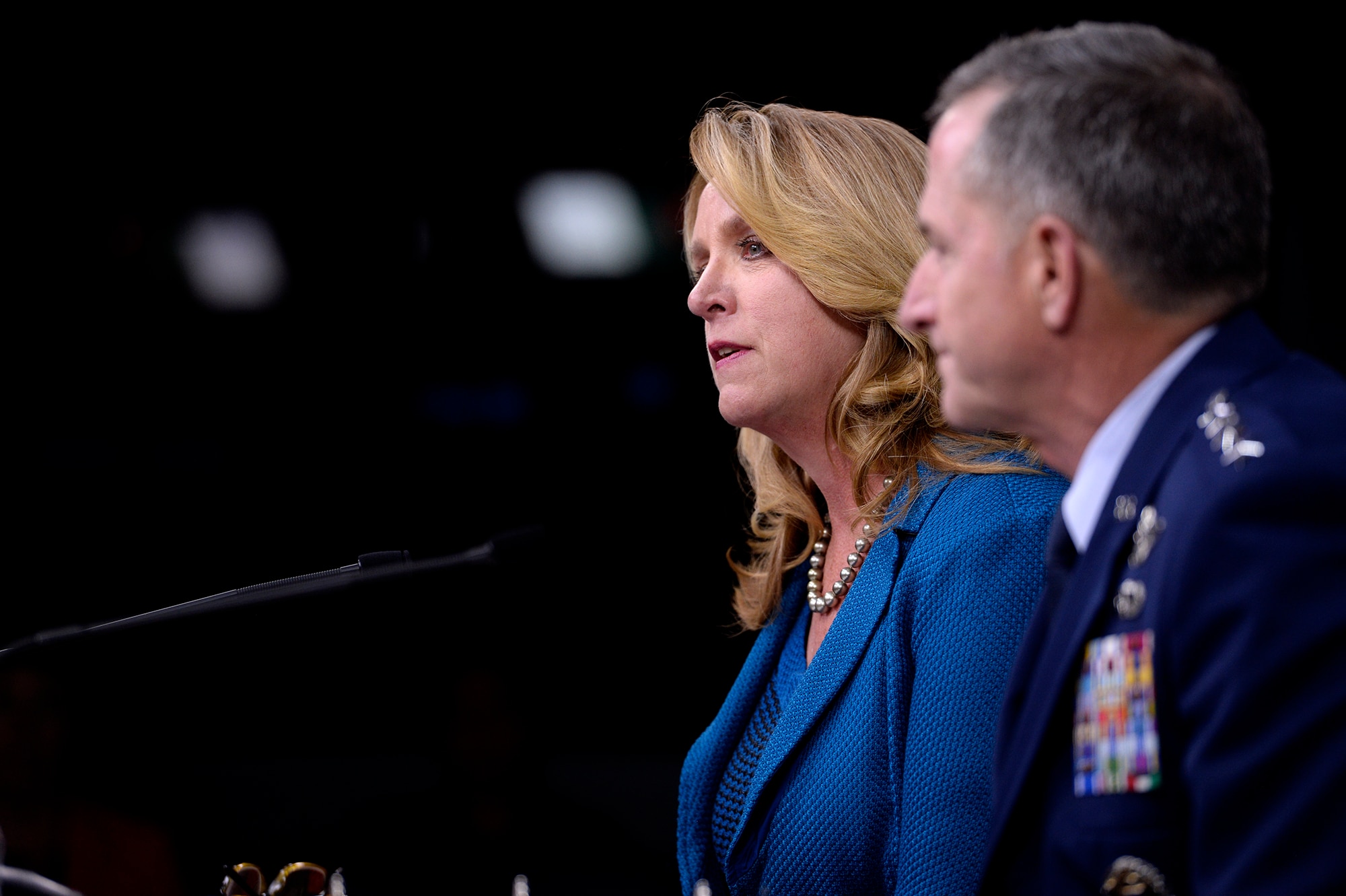 Air Force Secretary Deborah Lee James and Air Force Chief of Staff Gen. David L. Goldfein speak during their State of the Air Force press conference in the Pentagon, Aug. 10, 2016.  In her comments the Secretary stressed the importance of passing a budget so the Air Force won’t be forced to operate under a continuing resolution, which would shortfall the service $1.3 billion in the 2017 fiscal year budget request.  (U.S. Air Force photo/Scott M. Ash)