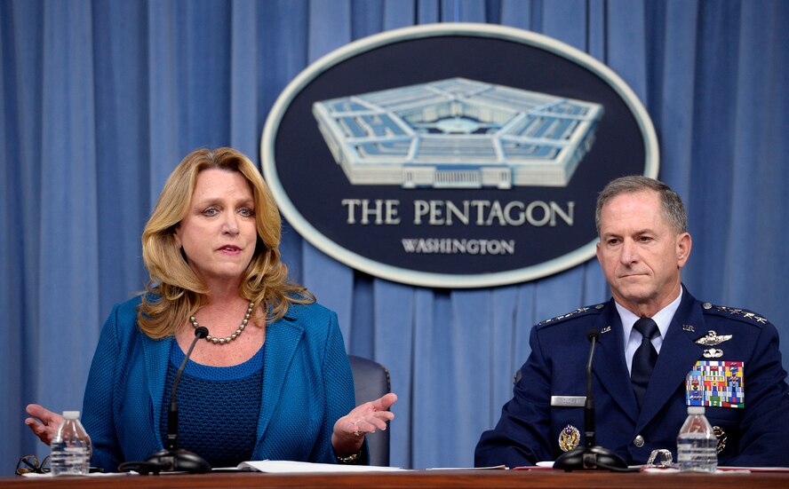 Air Force Secretary Deborah Lee James and Air Force Chief of Staff Gen. David L. Goldfein speak during their State of the Air Force press conference in the Pentagon, Aug. 10, 2016.  (U.S. Air Force photo/Scott M. Ash)                                                                                                                                                                 