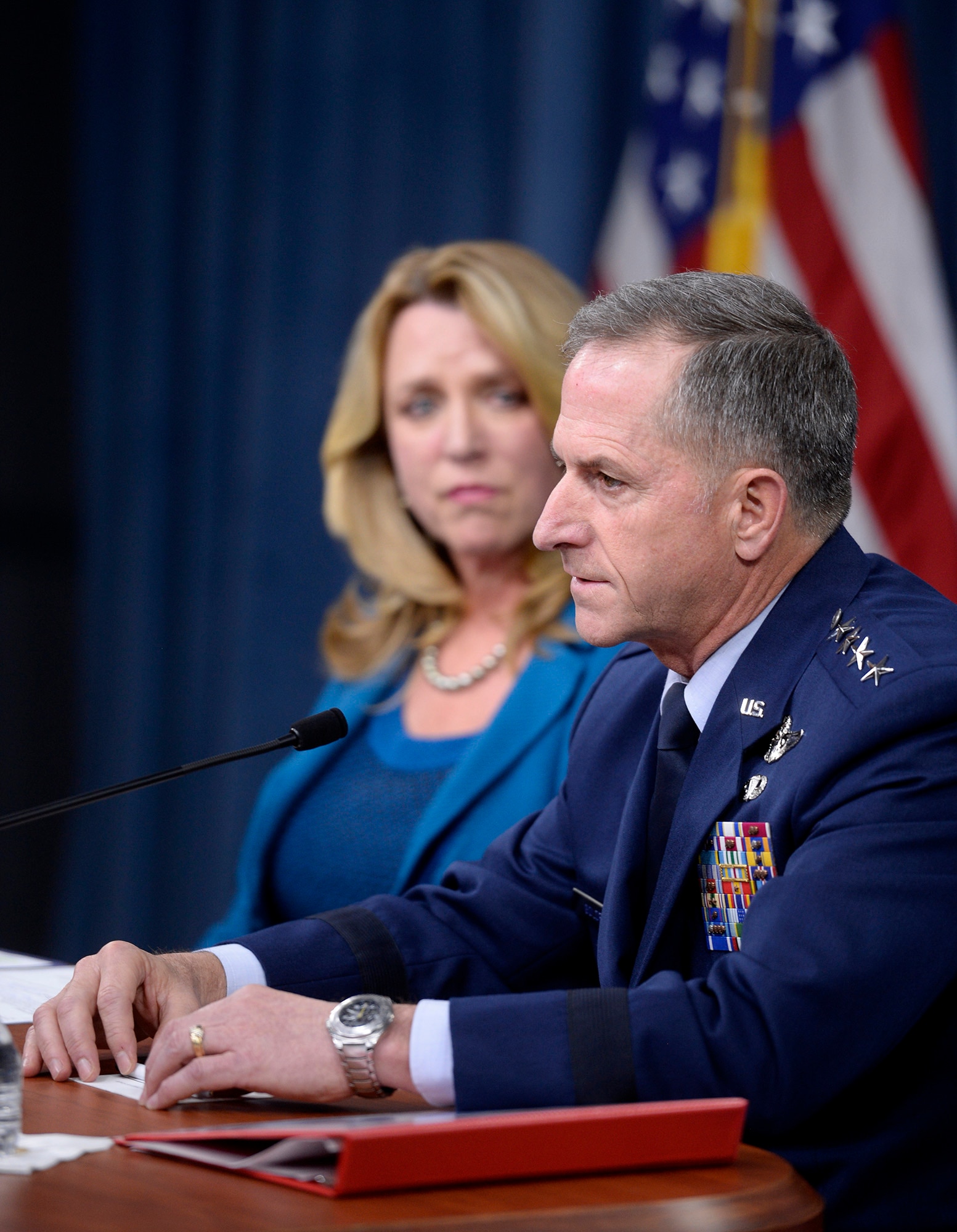 Air Force Chief of Staff Gen. David L. Goldfein, with Air Force Secretary Deborah Lee James, answers a question during the State of the Air Force press conference, in the Pentagon, Aug. 10, 2016.  Goldfein stated, "Airpower has become the oxygen the joint force breathes.  Have it and you don't even think about it.  Don't have it, and it’s all you think about."  (U.S. Air Force photo/Scott M. Ash)