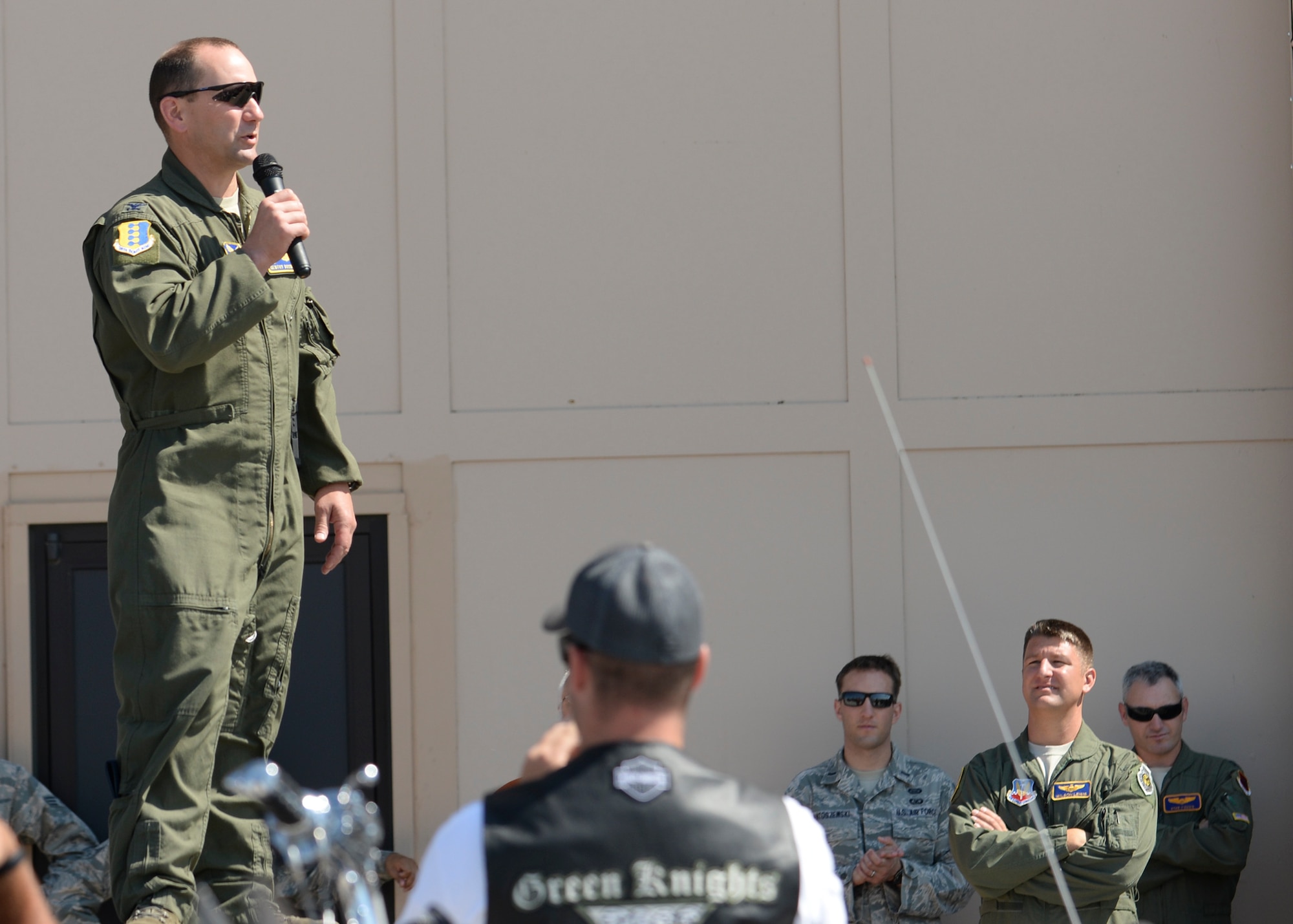 Col. Gentry Boswell, 28th Bomb Wing commander, kicks off the 16th Annual Dakota Thunder Run outside the Pride Hanger at Ellsworth Air Force Base, S.D., Aug. 9, 2016. Hosted by the Green Knights Dakota Thunder Motorcycle Club, the run is comprised of Airmen, family members and civilian motorcyclists who ride together from Ellsworth AFB through the Black Hills ending in Sturgis where a ceremony is conducted to honor military veterans. (U.S. Air Force photo by Senior Airman Anania Tekurio/Released)