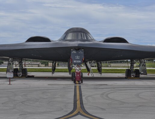 A B-52 Stratofortress, B-1 Lancer and B-2 Spirit sit next to each other on the flightline at Andersen Air Force Base, Guam, Aug.10, 2016. All three of Air Force Global Strike Command's strategic bomber aircraft are simultaneously conducting operations in the U.S. Pacific Command area of operations. The B-1 Lancer arrived at Andersen Aug. 6 to support U.S. Pacific Command’s Continuous Bomber Presence mission and rotate with the B-52s there. In addition, three B-2s arrived in theater to conduct a Bomber Assurance and Deterrence deployment. The CBP and BAAD missions are part of a long-standing history of maintaining a consistent bomber presence in the Indo-Asia-Pacific in order to maintain regional stability. (U.S. Air Force photo by Tech. Sgt. Richard Ebensberger)