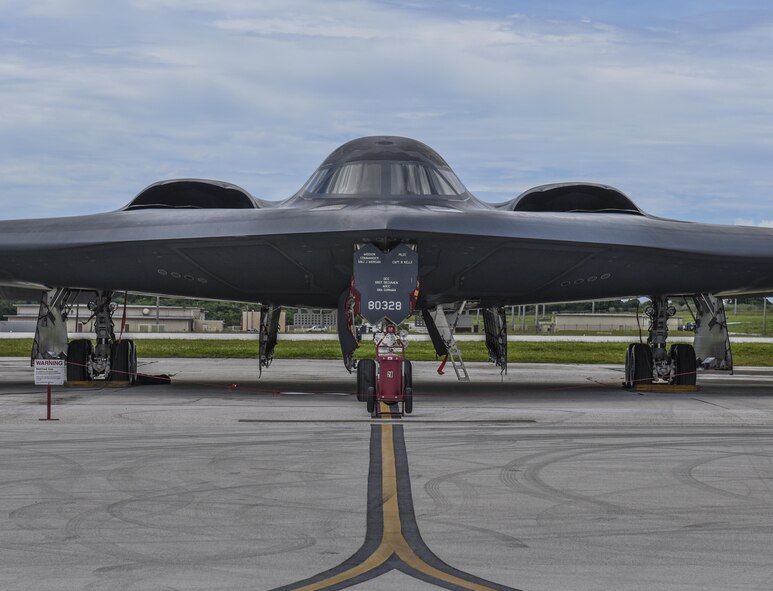 A B-52 Stratofortress, B-1 Lancer and B-2 Spirit sit next to each other on the flightline at Andersen Air Force Base, Guam, Aug.10, 2016. All three of Air Force Global Strike Command's strategic bomber aircraft are simultaneously conducting operations in the U.S. Pacific Command area of operations. The B-1 Lancer arrived at Andersen Aug. 6 to support U.S. Pacific Command’s Continuous Bomber Presence mission and rotate with the B-52s there. In addition, three B-2s arrived in theater to conduct a Bomber Assurance and Deterrence deployment. The CBP and BAAD missions are part of a long-standing history of maintaining a consistent bomber presence in the Indo-Asia-Pacific in order to maintain regional stability. (U.S. Air Force photo by Tech. Sgt. Richard Ebensberger)
