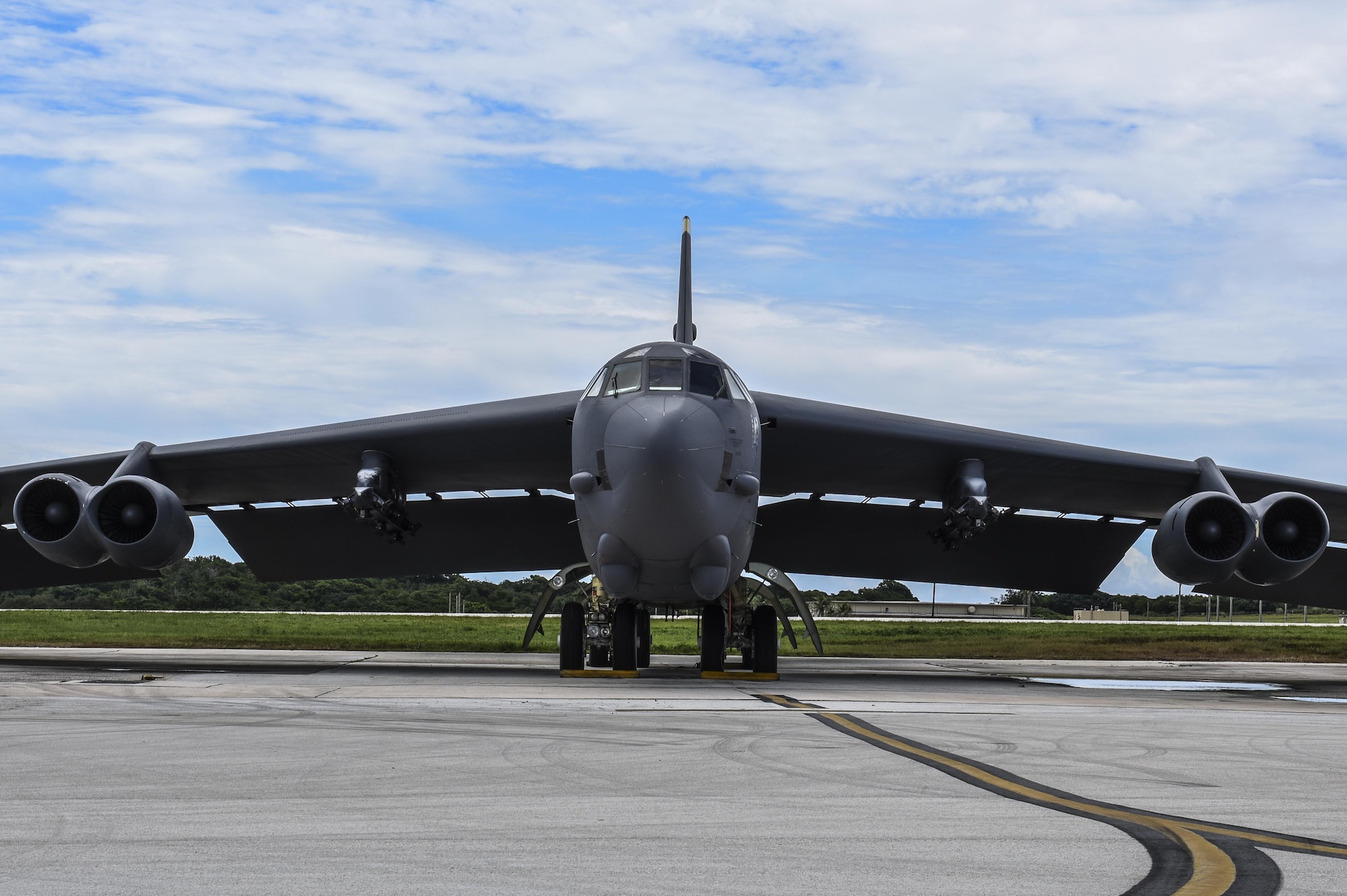 A B-52 Stratofortress sits on the flightline at Andersen Air Force Base, Guam, Aug.10, 2016. The B-52 was recently replaced by the B-1 Lancer, which arrived at Andersen Aug. 6, in support of the U.S. Pacific Command Continuous Bomber Presence mission. The CBP bomber swap between the B-1 and B-52 is occurring throughout the month of August as the B-1s return to support this mission for the first time since April 2006. The CBP mission is part of a long-standing history of maintaining a consistent bomber presence in the Indo-Asia-Pacific in order to maintain regional stability, and provide assurance to our allies and partners in the region. (U.S. Air Force photo by Tech. Sgt. Richard Ebensberger)