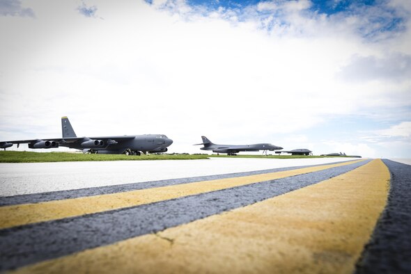 A B-52 Stratofortress, B-1 Lancer and B-2 Spirit sit next to each other on the flightline at Andersen Air Force Base, Guam, Aug.10, 2016. All three of Air Force Global Strike Command's strategic bomber aircraft are simultaneously conducting operations in the U.S. Pacific Command area of operations. The B-1 Lancer arrived at Andersen Aug. 6 to support U.S. Pacific Command’s Continuous Bomber Presence mission and rotate with the B-52s there. In addition, three B-2s arrived in theater to conduct a Bomber Assurance and Deterrence deployment. The CBP and BAAD missions are part of a long-standing history of maintaining a consistent bomber presence in the Indo-Asia-Pacific in order to maintain regional stability. (U.S. Air Force photo by Tech. Sgt. Richard Ebensberger)