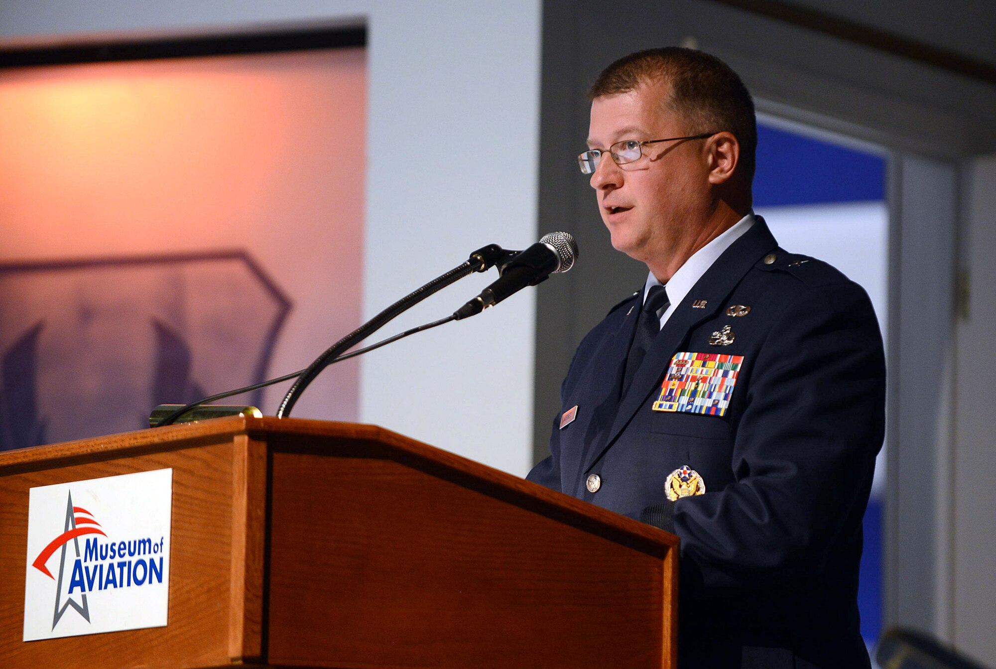 Brig. Gen. John Kubinec, addresses the audience after assuming command of the Warner Robins Air Logistics Complex, August 9, 2016, at the Museum of Aviation. (U.S. Air Force photo by Tommie Horton)