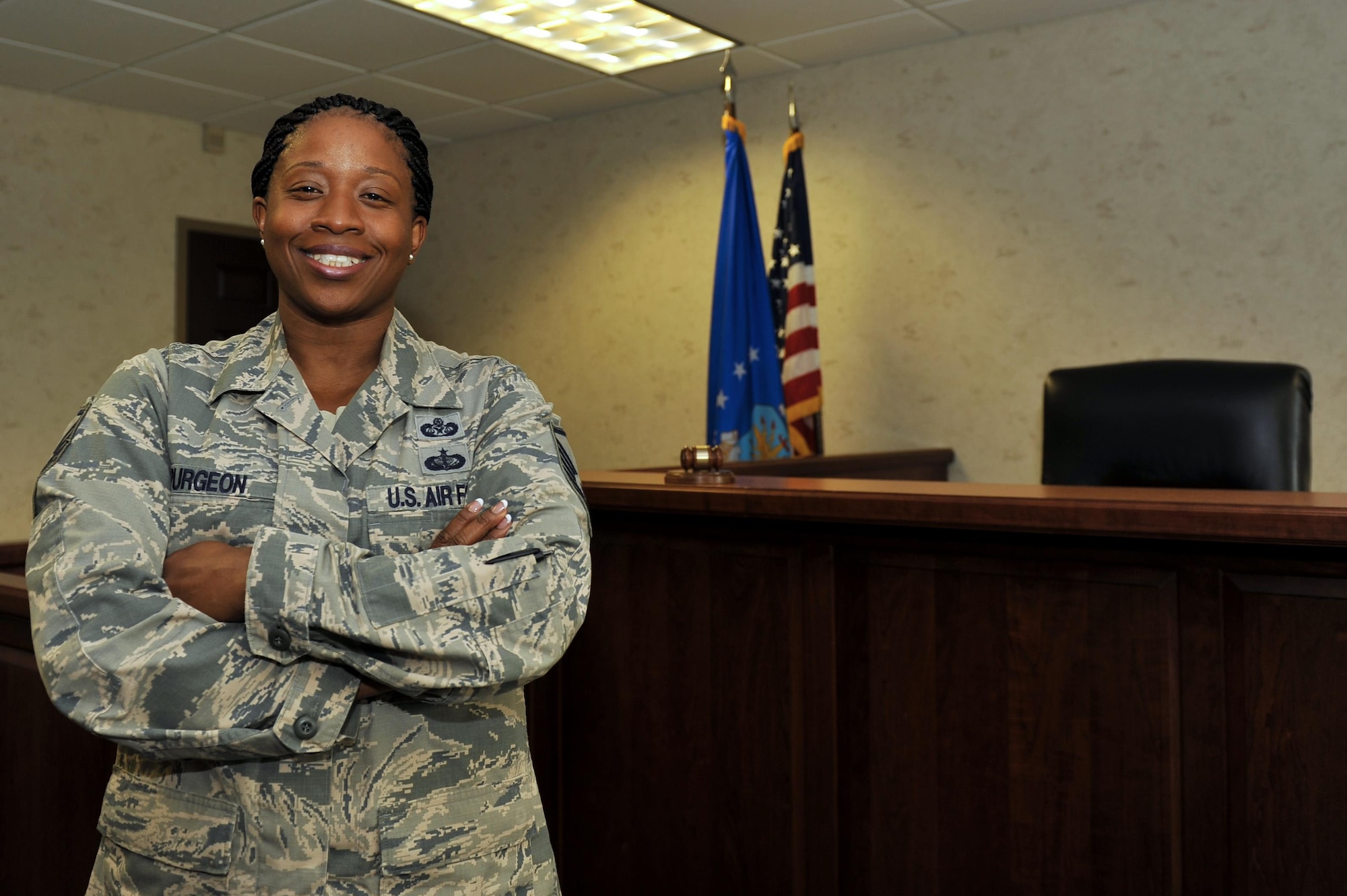 U.S. Air Force Master Sgt. Narda Spurgeon, 19th Airlift Wing Judge Advocate Legal Office superintendent, helped her team to achieve recognigtion as the Air Mobility Command Legal Office of the Year. She also works beyond her normal duty hours and takes on additional duties to compensate their extreme manning shortage and enables her unit to continue producing professional legal services. (U.S. Air Force photo by Airman Kevin Sommer Giron)