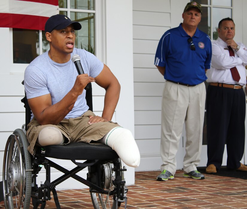 Former Army Ranger Cedric J. King, who was injured in Iraq in July of 2012 when he stepped on an Improvised Explosive Device, addresses the crowd during a fund-raising golf tournament called “Birdies for the Brave” held at the Tournament Players Club (TPC) Sugarloaf, in Duluth, Georgia Aug. 5. Birdies for the Brave is a national military outreach initiative dedicated to honoring and showing appreciation to the courageous men and women of the United States Armed Forces and their families.  Originally created in 2006 by one of the golfing world’s elite players, Phil Mickelson and his wife Amy, it has since been expanded to include military outreach and appreciation activities during PGA tour events, TPCs and partner courses across the nation.