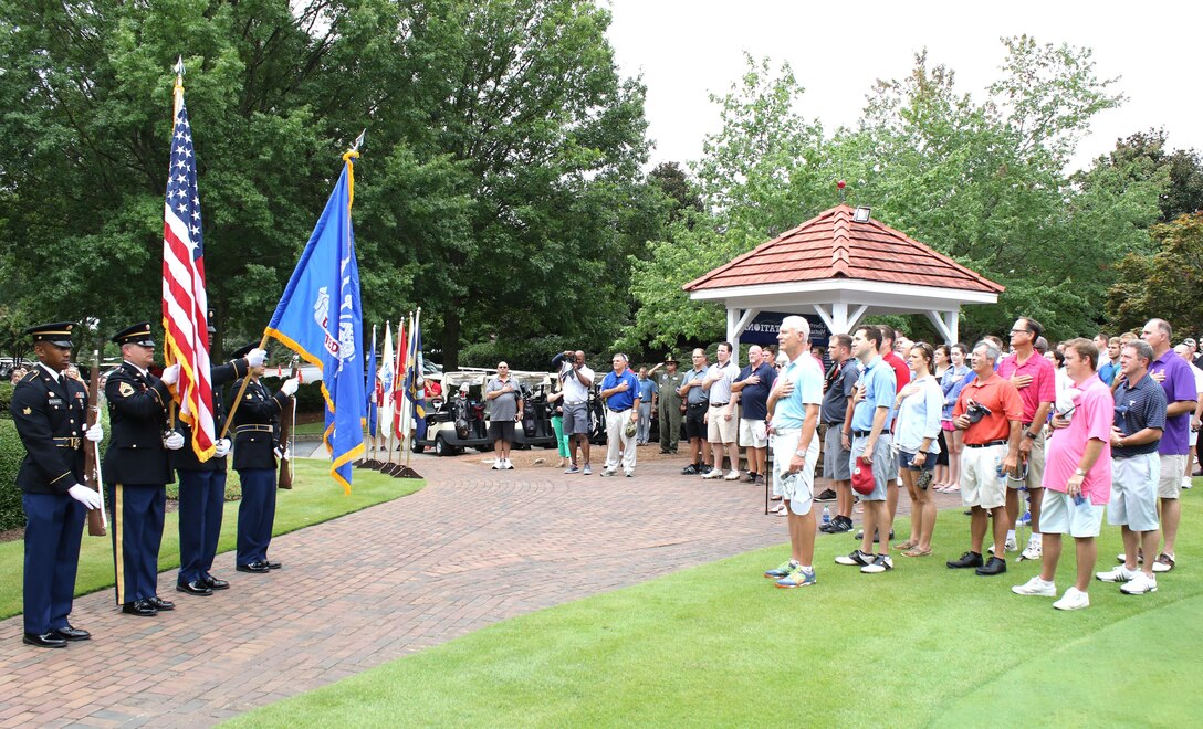 Army Reserve Soldiers from the 335th Signal Command (Theater), based in East Point, Georgia, present the colors during the singing of the National Anthem at the opening ceremony of a fund-raising golf tournament Aug. 5, at the Tournament Players Club (TPC) Sugarloaf.  The event called “Birdies for the Brave”, is a national military outreach initiative dedicated to honoring and showing appreciation to the courageous men and women of the United States Armed Forces and their families.  Originally created in 2006 by one of the golfing world’s elite players, Phil Mickelson and his wife Amy, it has since been expanded to include military outreach and appreciation activities during PGA tour events, TPCs and partner courses across the nation.