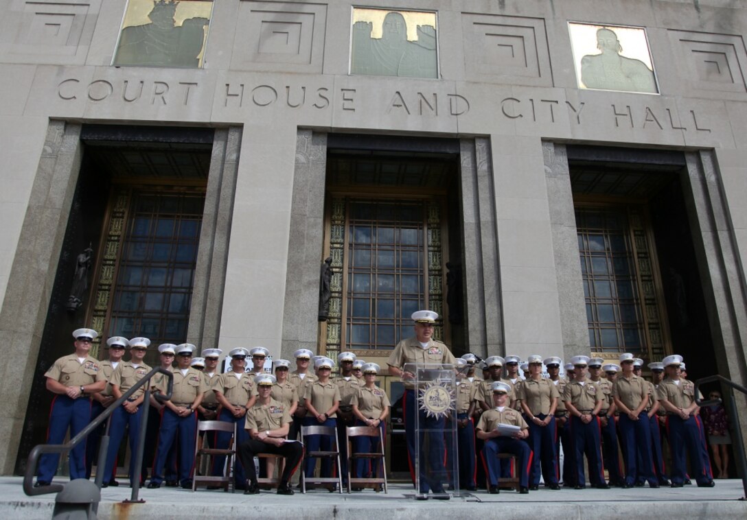 Col. Sean Salene, the officer-in-charge of Special Purpose Marine Air Ground Task Force-Nashville, gives his remarks during a press conference at the Nashville Metropolitan Courthouse, Aug. 10. The press conference was held to announce that Nashville would be host to this year's Marine Week. Marine Week is the largest Marine Corps community outreach program and is designed to connect Marines with the communities they serve. (U.S. Marine Corps photo by Staff Sgt. Bobby J. Yarbrough/Released) 