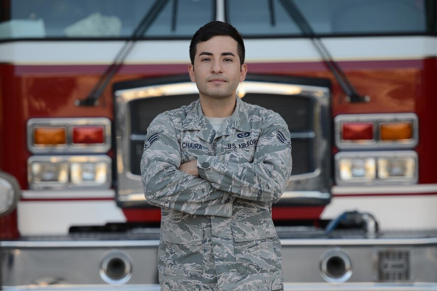 Senior Airman Rodolfo Chaira, 47th Civil Engineer Squadron fire protection journeyman, stands in front of a fire truck Aug. 3, 2016 on Laughlin Air Force Base, Texas. Chaira was named the “XLer of the Week” for his excellent work performance and contributions to the local community. (U.S. Air Force photo/Airman 1st Class Brandon May)