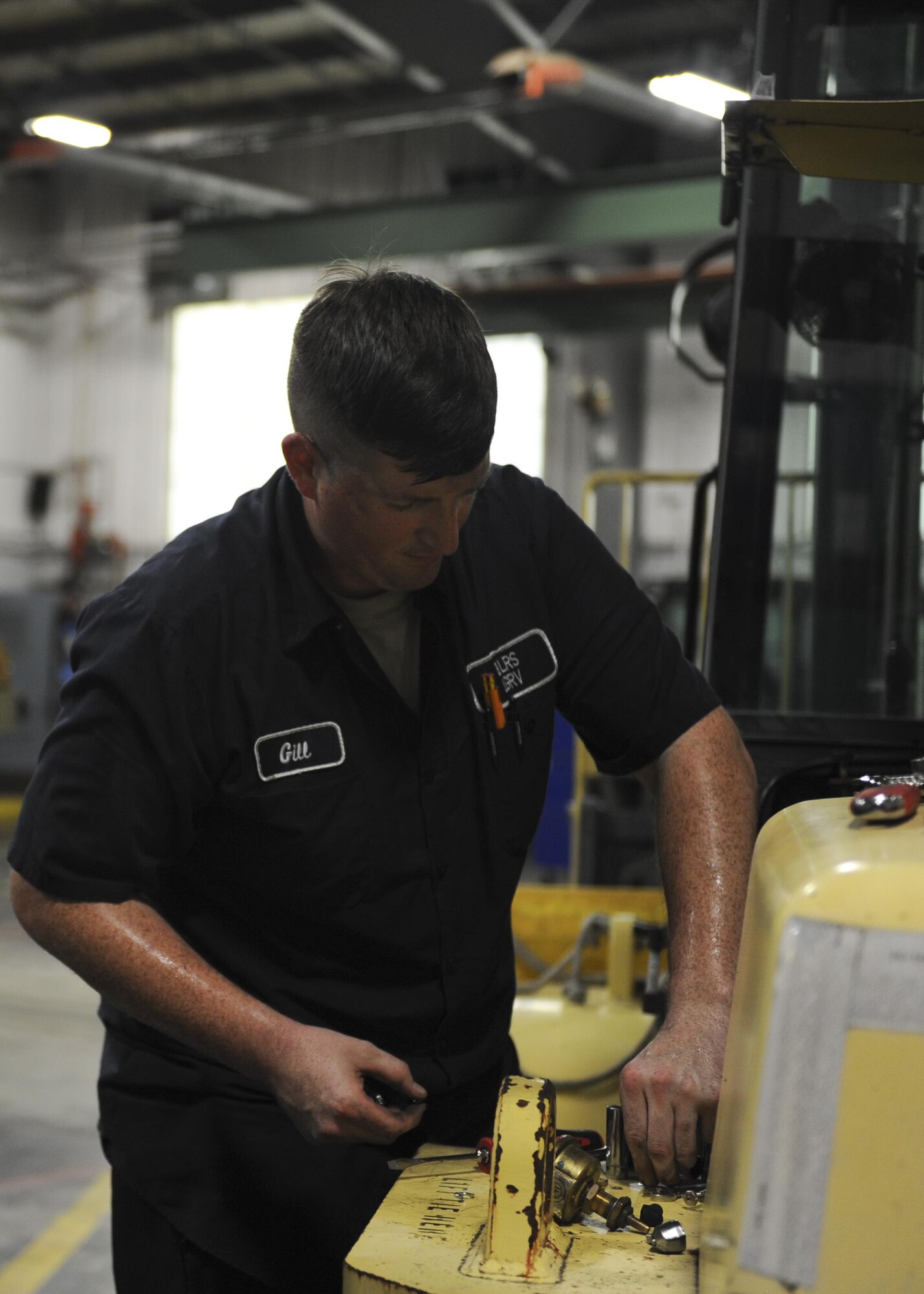 U.S. Air Force Senior Airman John Gill, 19th Logistics Readiness Squadron Special Maintenance journeyman, replaces the master switch of a forklift Aug. 3, 2016, at the 19th LRS Vehicle Maintenance shop, on Little Rock Air Force Base, Ark. Regular vehicle maintenance on vehicles is essential to ensuring Team Little Rock is mission ready in order to generate rapid global mobility. (U.S. Air Force photo by Airman Grace Nichols)