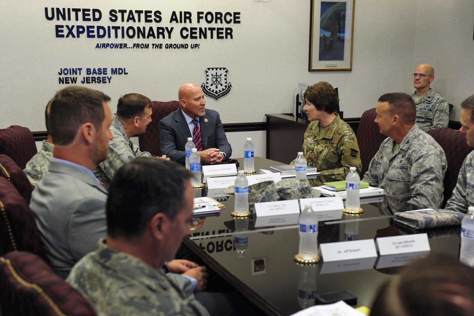 Rep. Tom MacArthur meets with leaders from around the base including Air Force Maj. Gen. Christopher Bence and Army Maj. Gen. Margaret Boor at the U.S. Air Force Expeditionary Center at Joint Base McGuire-Dix-Lakehurst, N.J., Aug. 9, 2016. MacArthur toured some of the base and viewed the state of some infrastructure. Bence is the Expeditionary Center commander and Boor is the 99th Regional Support Command commander. 