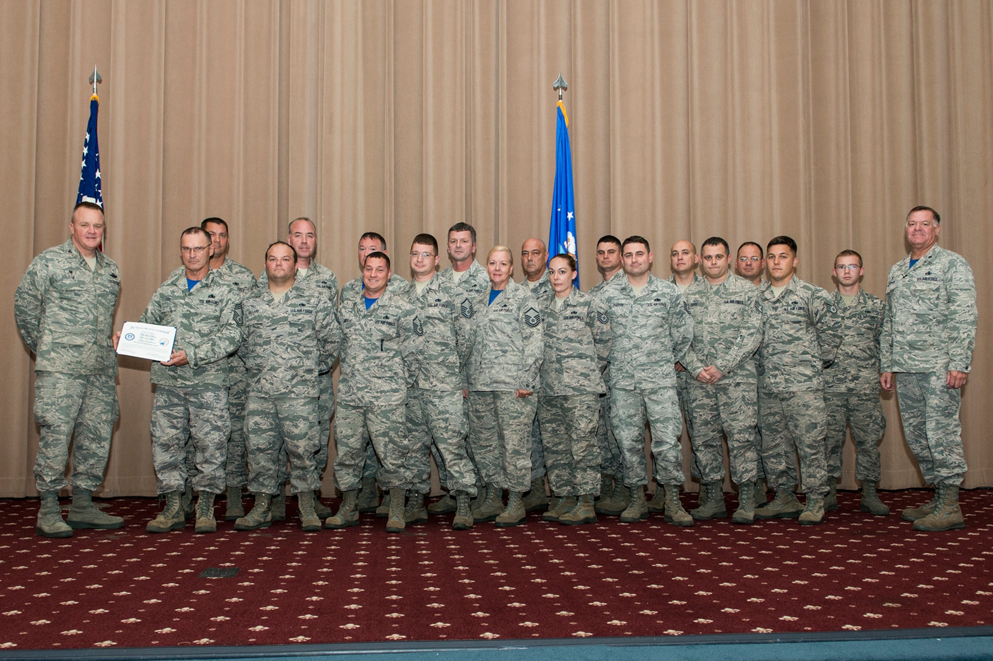 U.S. Air Force Airmen assigned to the 307th Maintenance Group Quality Assurance section are recognized as Capstone Superior Performers during a commander’s call on Aug. 7, 2016, Barksdale Air Force Base, La. The Unit Effectiveness Inspection Capstone is conducted by the Air Force Reserve Command’s Inspector General team, which visits units throughout the command to get a more realistic picture of each unit’s mission effectiveness. (U.S. Air Force photo by Master Sgt. Greg Steele/Released)